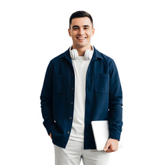 Portrait of a handsome young professional or student smiling confidently while holding a laptop, isolated on a white background