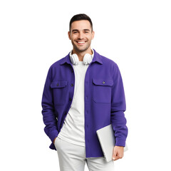 Young man with headphones and laptop, standing and smiling, isolated on white background