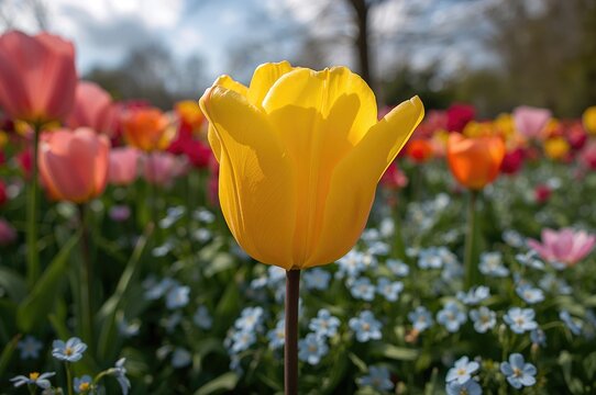 Detailed view of a yellow double late tulip blossoming amidst a mix of bright tulips and small blue forget-me-nots in a lively spring setting