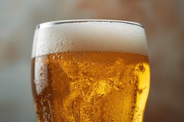 Extreme close-up of a cold beer glass, detailed macro photography. Artistic drink-themed backdrop.