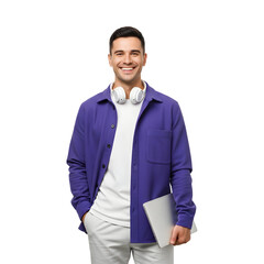 Happy young man with headphones and a laptop smiling confidently while standing isolated on a white background