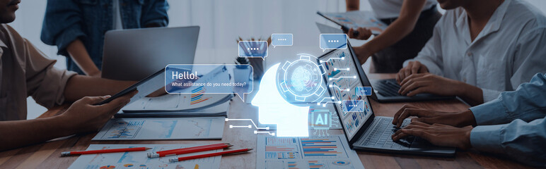 Business professionals engage in a meeting, leveraging digital technology and AI concepts to drive innovative strategies and effective collaboration in the workplace. Trope