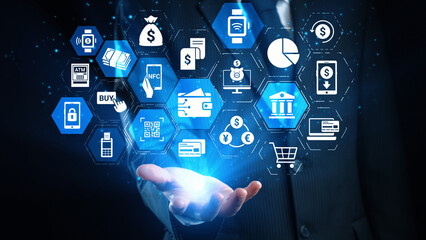 Digital wallet icons show mobile payment, digital wallet transfer, and online banking. Digital wallet supports secure payment, cashless transactions, and financial integration. Gist