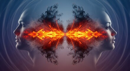 Two faces in profile facing each other with fiery energy between them