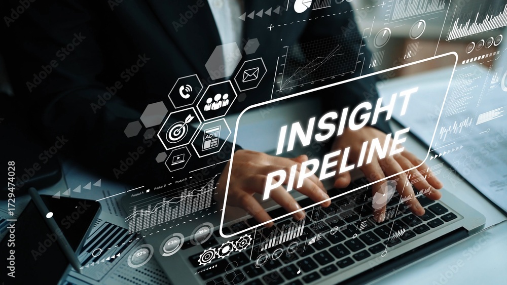 Poster hands typing on laptop with digital dashboard featuring insight pipeline concept and data visualizat