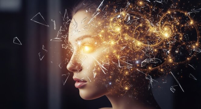 Womans head exploding into light and shards, representing ideas or thoughts