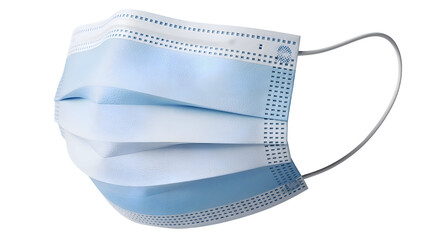 Disposable blue surgical face mask for protection against germs and particles on a plain surface isolated on transparent background