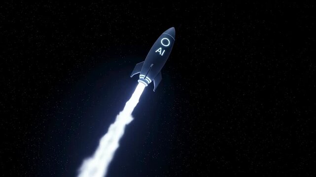 AI rocket launching through starry space, symbolizing artificial intelligence future and technological progress animation.