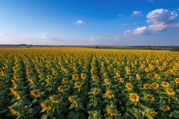 Obraz premium Aerial perspective of a vast sunflower field captured by drone, looking down from above outdoors.