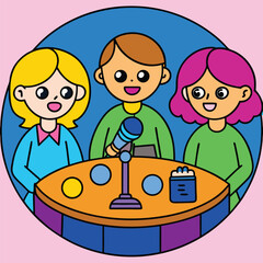 Three cartoon children with bright smiles and distinct hair colors sit around a table with a microphone and recording equipment ready to share their thoughts and ideas