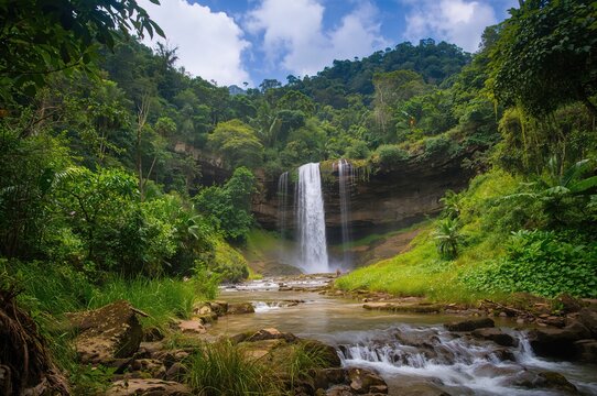 Scenic Waterfall in a Remote Village