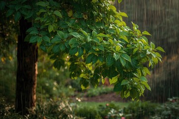 Obraz premium Daytime heavy rain falling on lush green foliage