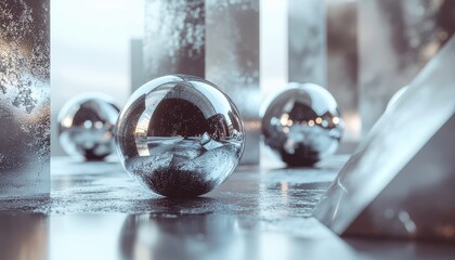 A minimalist holiday scene with a glass sphere reflecting a Christmas tree, surrounded by silver baubles.