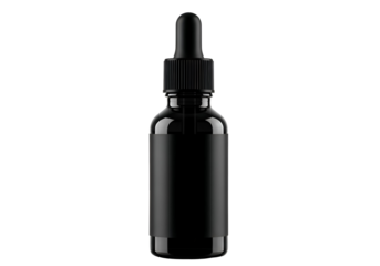 Dark glass dropper bottle with black cap for essential oils serums cosmetics and pharmaceuticals isolated product photography isolated on transparent background