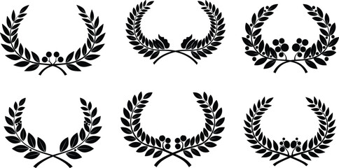 Laurel wreath vector, black silhouette emblem, victory award design, achievement symbol, honor badge illustration, decorative crest, classic triumph icon, success