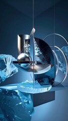 A surreal and futuristic holiday scene featuring a modern interior with blue tones and abstract decor.