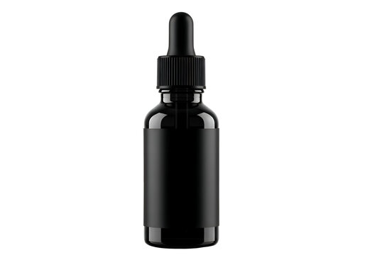 Dark glass dropper bottle with black cap for essential oils serums cosmetics and pharmaceuticals isolated product photography isolated on transparent background