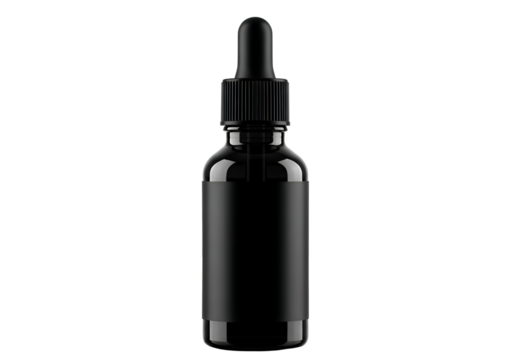 Dark glass dropper bottle with black cap for essential oils serums cosmetics and pharmaceuticals isolated product photography isolated on transparent background
