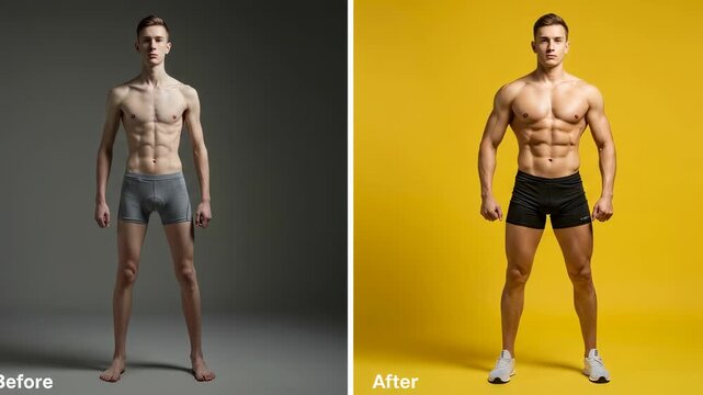 Man transformation from thin body to muscular and fit in before and after comparison, showing fitness progress, footage