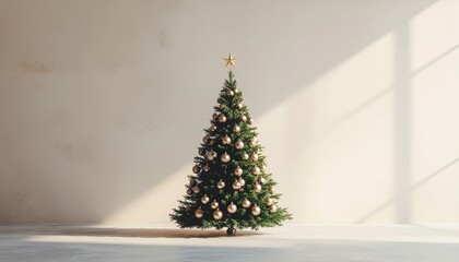 A bold and minimalist Christmas poster featuring a single decorated tree in an empty room with natural light.
