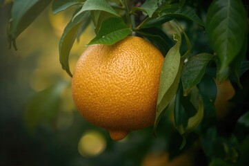 A tropical citrus tree bearing the biggest fruit still attached to its branch