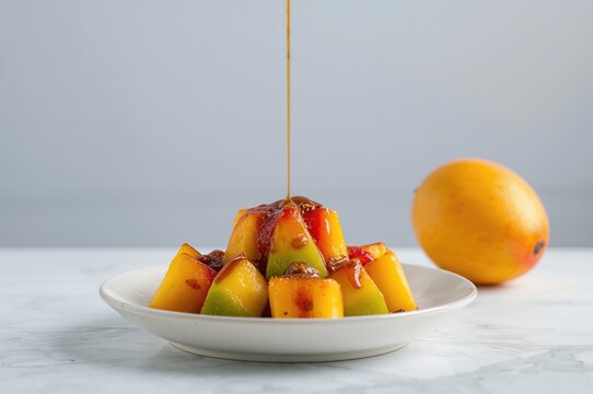 Traditional fruit salad drizzled with caramelized brown sugar syrup