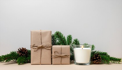 A rustic and natural Christmas poster featuring handmade gifts, a candle, and fir branches on a white background.