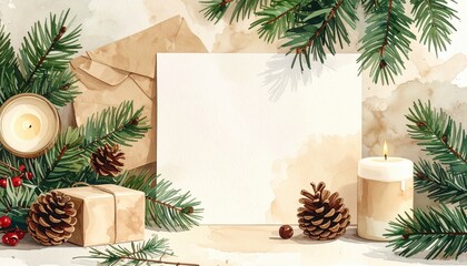 A Christmas holiday flat lay with a blank card mockup, surrounded by natural decorations like fir branches and candles.