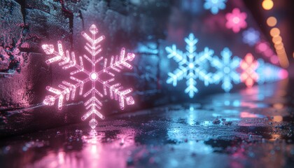 A close-up macro of a glowing neon snowflake in pink and blue, creating a futuristic cyberpunk winter background.