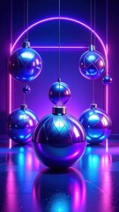A modern, futuristic frame for social media, with hanging Christmas baubles and a glowing pink neon rectangle.