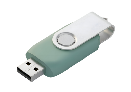 Modern usb flash drive with swivel cap for data storage and transferring digital information isolated on transparent background