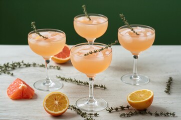 Overhead view of grapefruit lemonade garnished with thyme and glasses on a pale surface