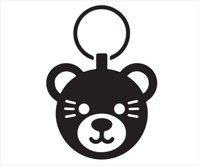 Cute bear face keychain silhouette vector illustration, black and white minimal design of animal head pendant with loop for accessories, decoration, and creative graphic projects