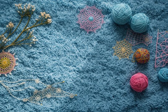 Top view of crochet tools on a blue cotton yarn surface with shadow and space for text