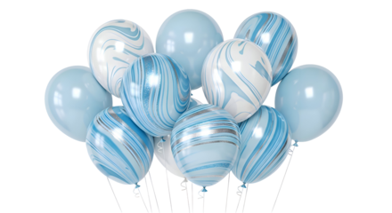 A large cluster of pale blue and marbled balloons floating upwards creating a festive and celebratory atmosphere for any occasion. isolated on transparent background