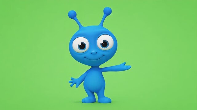 Blue alien character with closed eyes and a smile standing against a green screen background