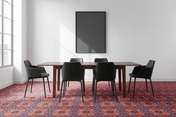 Modern dining area with black seats and geometric rug under bright lighting and a dark artwork on white wall