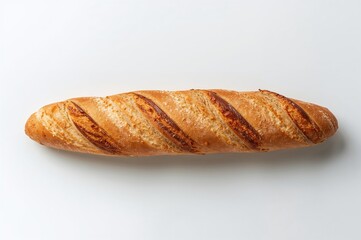 Newly baked traditional baguette against a white backdrop