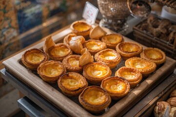 Fototapeta premium Tray of traditional egg tart pastries freshly baked and ready for sale at a local bakery
