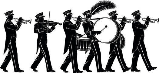 Silhouette marching band parade with trumpet, drum, violin players in uniform performing music outdoors in ceremonial festive celebration scene © Natasha Laura 