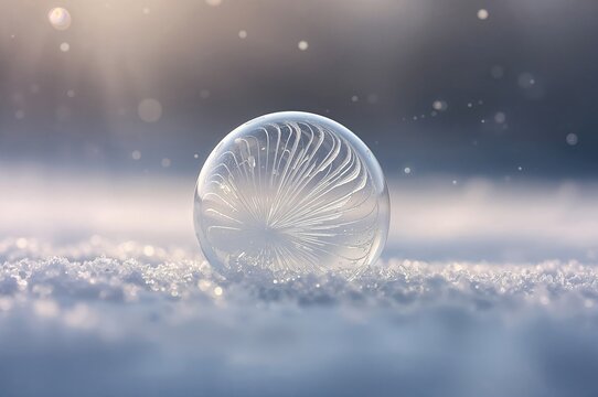 Icy soap bubble resting on snow with blurred lights behind