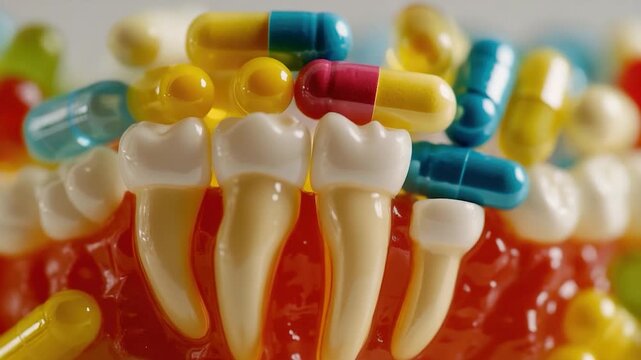 A colorful gummy bear with toothbrushes on top, perfect for illustrations and designs related to oral care and fun kids' themes