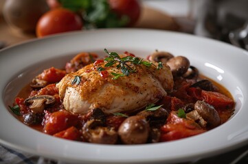 Close-up of rustic chicken chasseur featuring mushrooms and tomatoes on a dining table