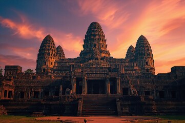 Fototapeta premium Ancient stone temple surrounded by jungle, showcasing traditional Asian architecture and historical significance.