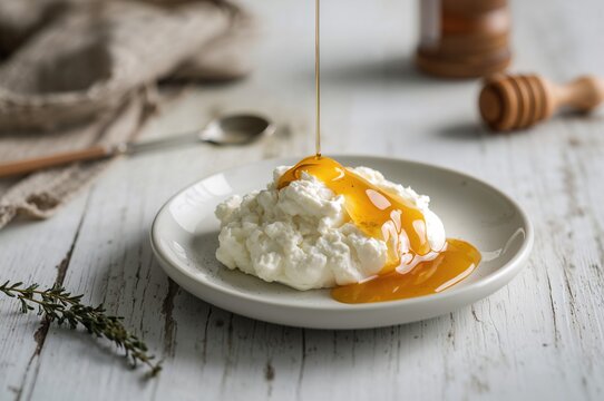 Homemade ricotta or cottage cheese drizzled with honey on a rustic white wooden surface