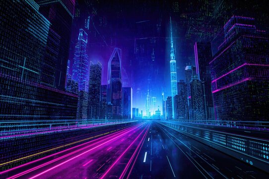 Digital metropolis illuminated by vibrant neon, showcasing advanced architectural designs and towering high-tech buildings alongside streaming binary digits.