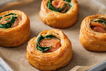 Savory puff pastry spirals filled with salmon, cheese, and spinach on parchment paper, close-up shot