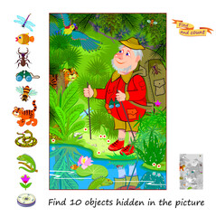 Can you find 10 objects hidden in the rain forest? I spy game. Logic puzzle for children and adults. Illustration of the tourist walking in the jungle. Education page for kids. Flat vector drawing.