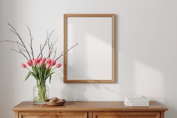 Empty wooden frame mockup with spring pink tulips and birch branches in a glass vase on a console table. Feminine styled stock photo for home decoration and poster design.