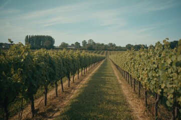 Obraz premium Rows of white grapevines growing in a vineyard during a warm season with a scenic sky and natural surroundings